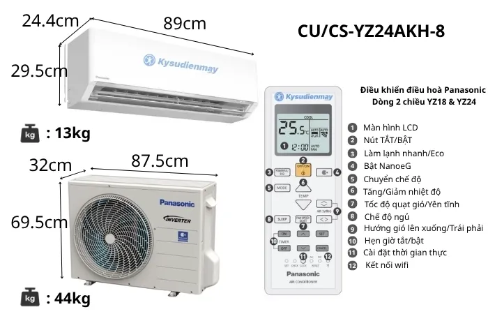 Thông số kỹ thuật điều hoà Panasonic 24000BTU 2 chiều inverter CU/CS-YZ24BKH-8